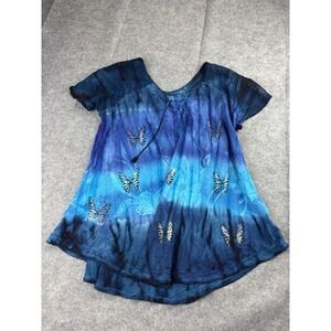 Advance Apparels Womans Plus Size Blue Tie-dye Tunic Top Butterfly Motifs Hippie